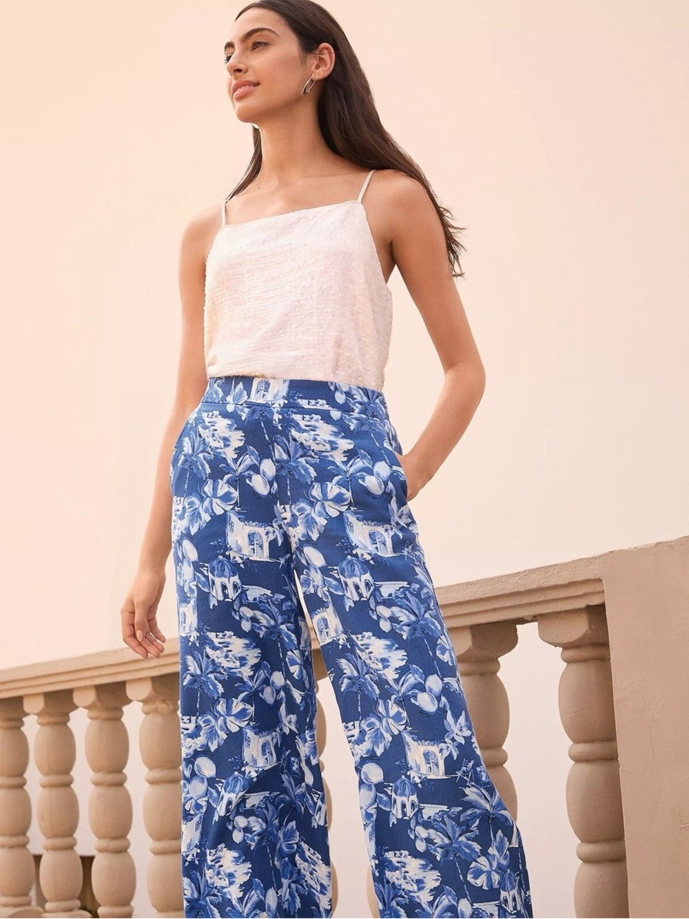 LOFT Navy & White Wide-Leg Floral Print Pants - Picture 3 of 10